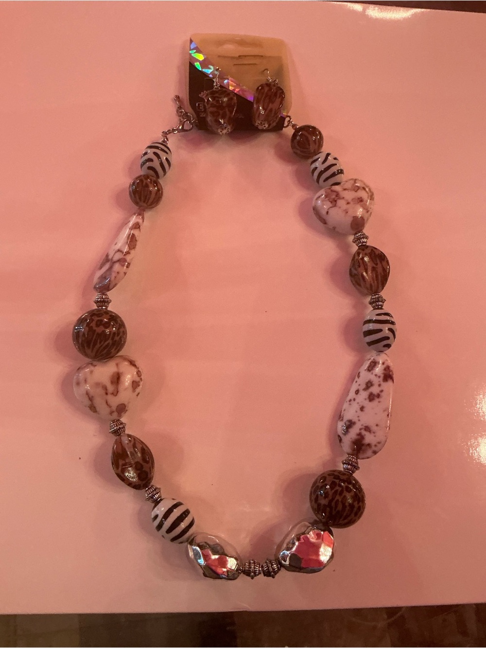 Brown and White Beaded Women's Necklace with Mixed Accent Beads